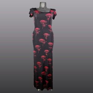 All That Jazz Vintage Red Rose Print Black Maxi Dress Short Sleeve Medium